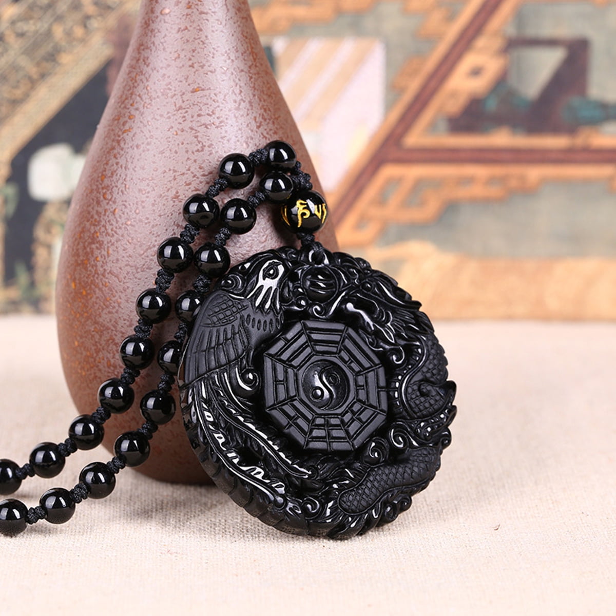 ONLINE - Lucky Pendant Necklace Natural Obsidian Carved Chinese Dragon