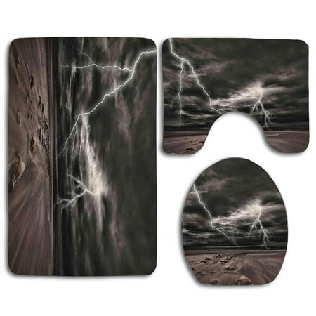 GOHAO Lake House Lightning Flashes Across Sandy Beach from a Powerful Storm Radiant Beams 3 Piece Bathroom Rugs Set Bath Rug Contour Mat and Toilet Lid Cover