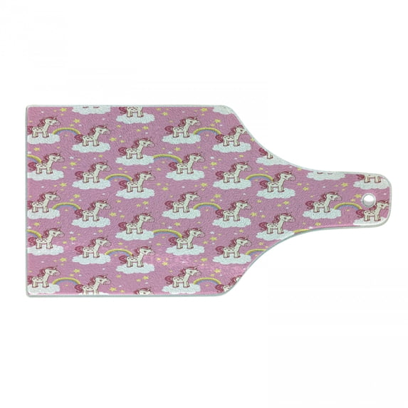 Cartoon Cutting Board, Unicorns Standing Clouds Rainbows and Stars on a Pink Skyline Print, Decorative Tempered Glass Cutting and Serving Board, Wine Bottle Shape, Pink Yellow White, by Ambesonne