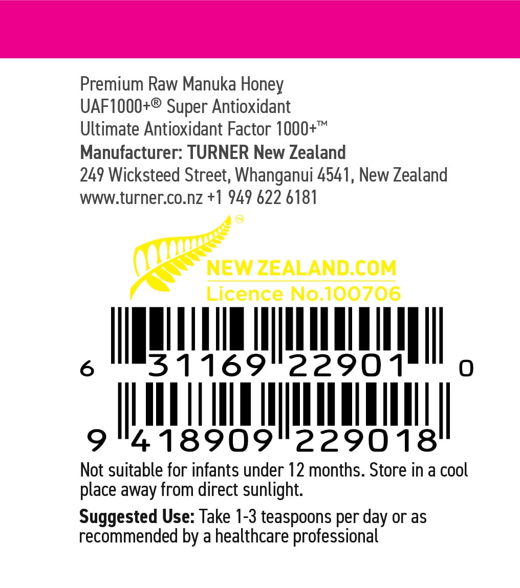 Turner New Zealand Manuka Honey, 1000x Power, Certified with UAF1000+ Antioxidants, Improves Digestion & Immune Support, 5 Jars