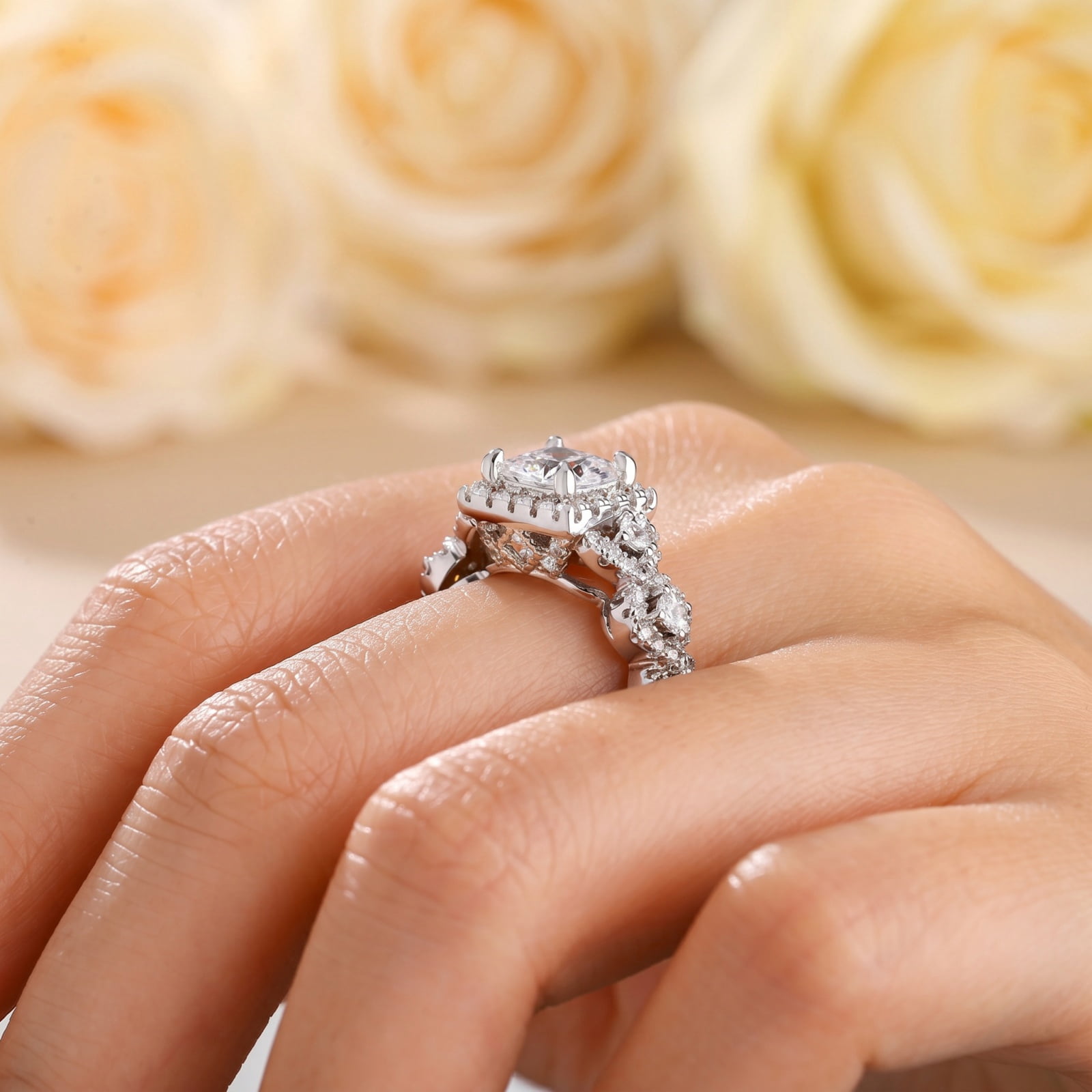 Flydeer Engagement Rings for Woman Princess Cut 5A CZ Wedding Promise Ring Silver 18K Plated Size 10