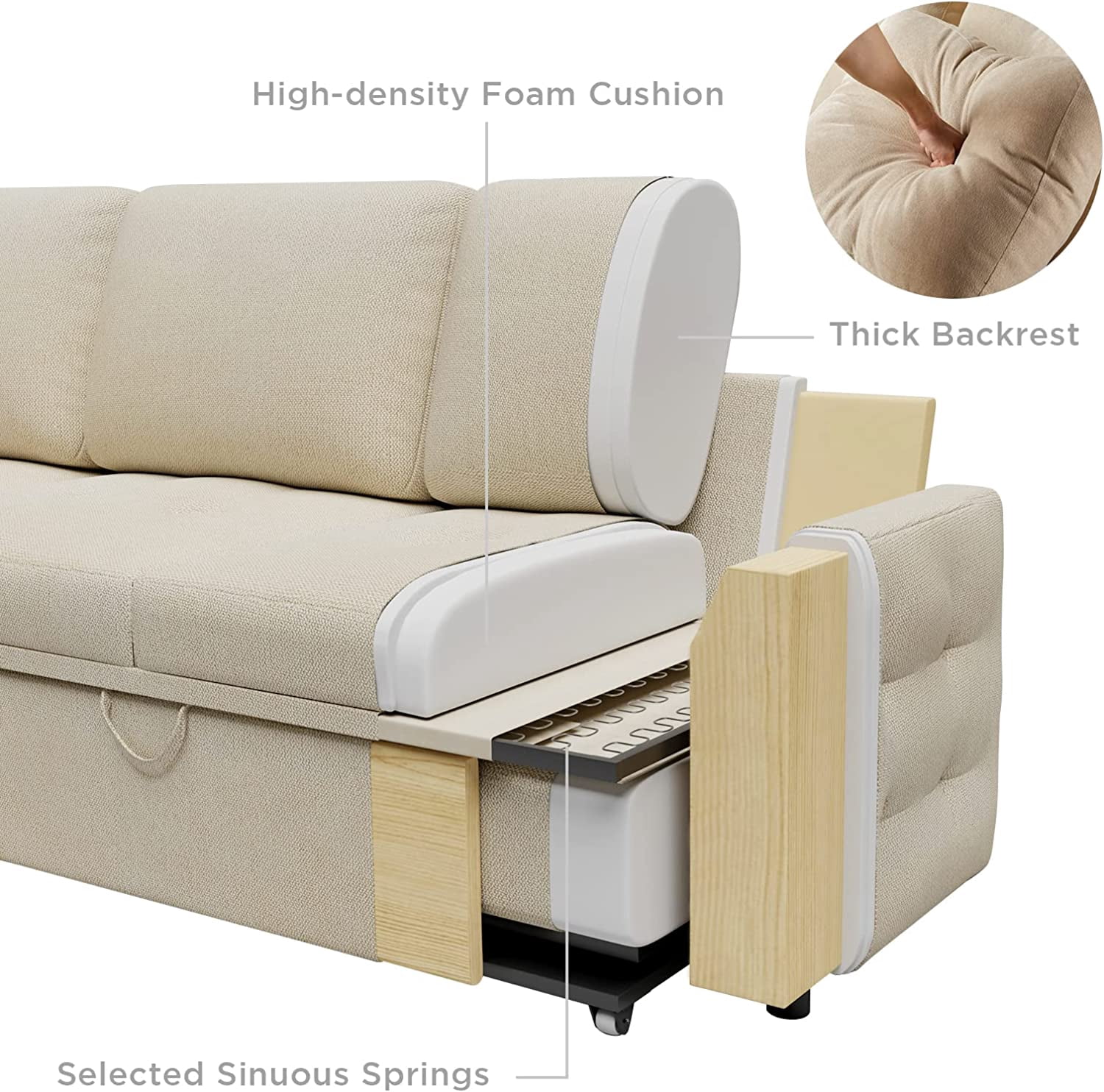 Merluxy Pull Out Sofa Bed, Tufted Sleeper Sofa, L Shaped Couch with Storage Chaise, Chenille Beige