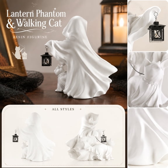 GoLucid Halloween Ghost Cat Lantern Figurine 9", Resin Haunted Ghost with Black Lantern Sculpture, Indoor Tabletop Shelf Decor