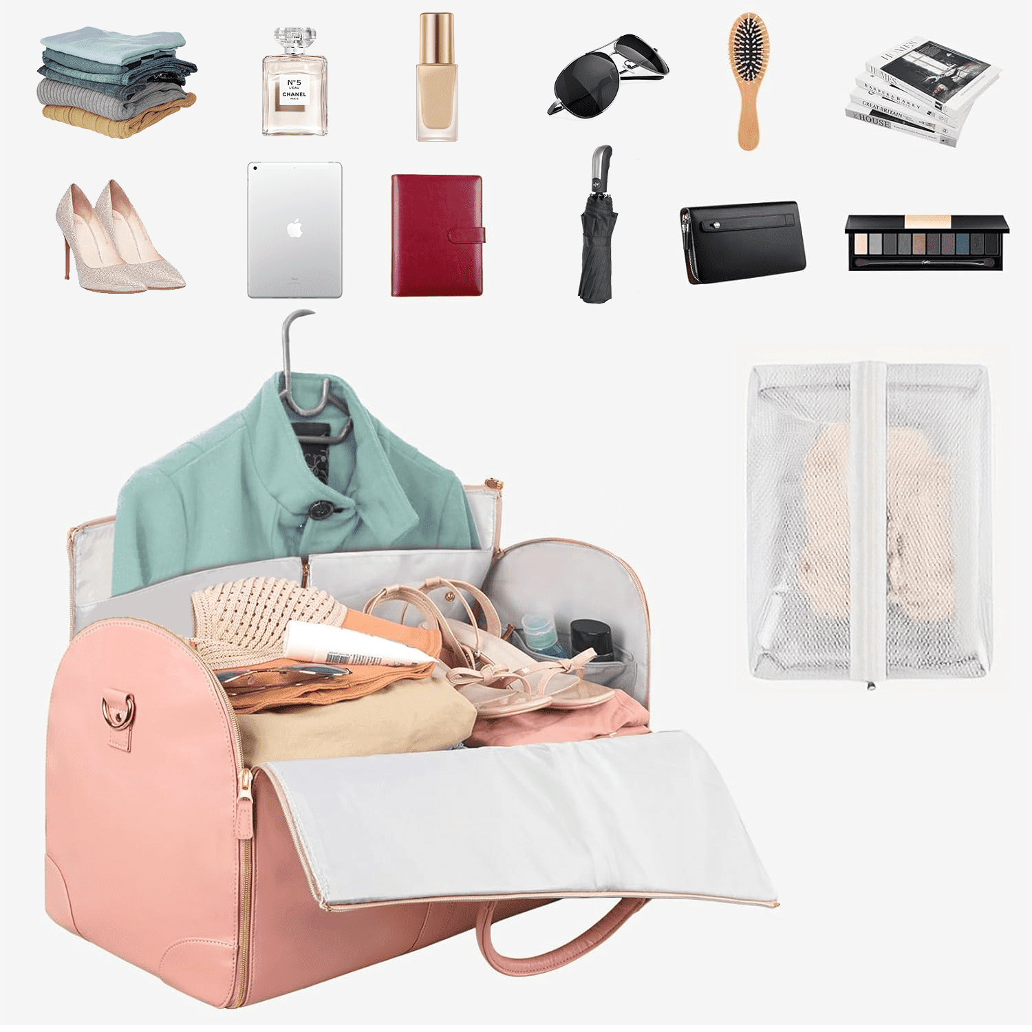 Convertible Travel Garment Bag, Carry On Garment Bag for Travel Convertible Leather Garment Duffle Bag Suit Bags for Women Men, 2 in 1 Hanging Dress Suitcase Business Travel Bag with Shoe Pouch, Pink
