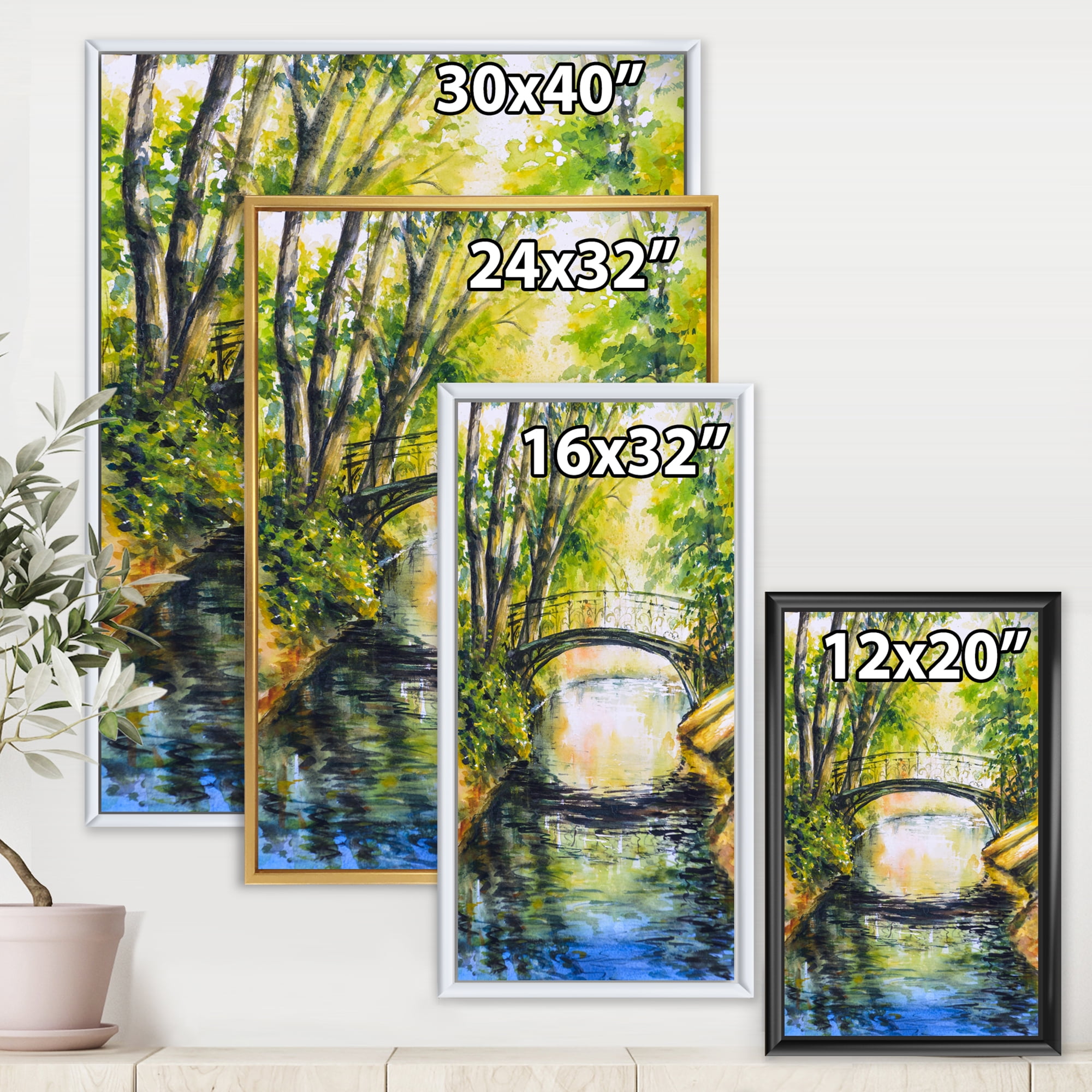 Designart 'Forest Park With Bridge Over Troubled Water' Lake House Framed Canvas Wall Art Print