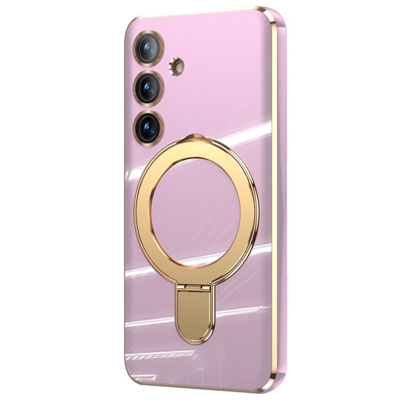 Magnetic Stand for Galaxy S25 FE Case with Camera Lens Protector, [All-in-1] [Compatible with MagSafe] Ring Kickstand Plated TPU Luxury Phone Cover for Samsung Galaxy S25 FE, Lightpurple
