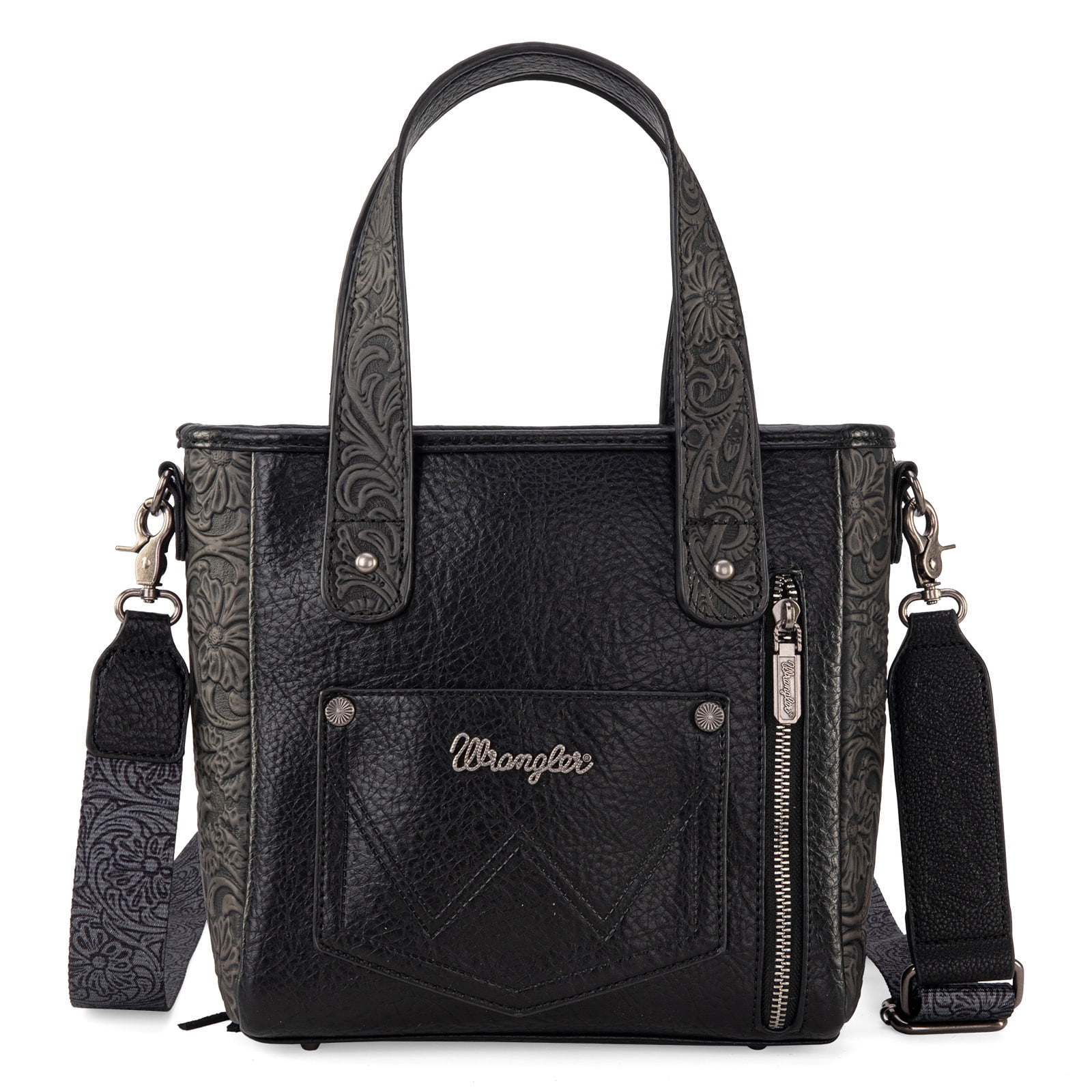Wrangler Cowhide Tote Bag for Women Western Tooling Handbag Leather Fringing with Turquoise Stone Concho, Cowhide Black