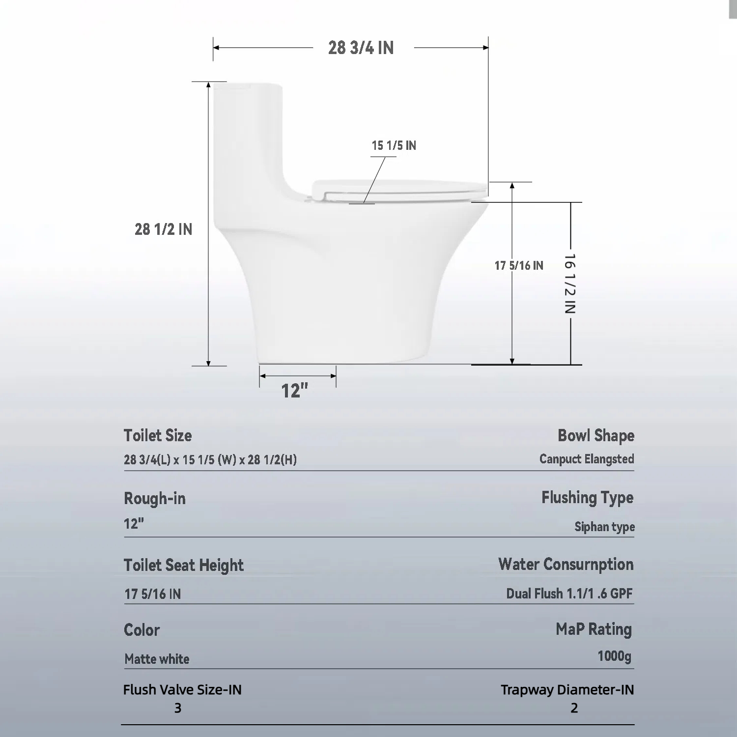 Alvantor One-Piece Toilet, 1.1/1.6 GPF Powerful Dual Flush Elongated Toilet, Button on Tank top, Soft Closing Seat White