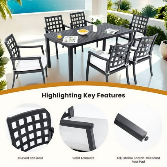 Modern Classic 7-Piece Outdoor Patio Dining Set,Rectangular Table and Six Stationary Dining Chairs,Cast Aluminum,Rust-Free,Textured Ember Black Finish,Sunbrella Cushions,Weather-Resistant