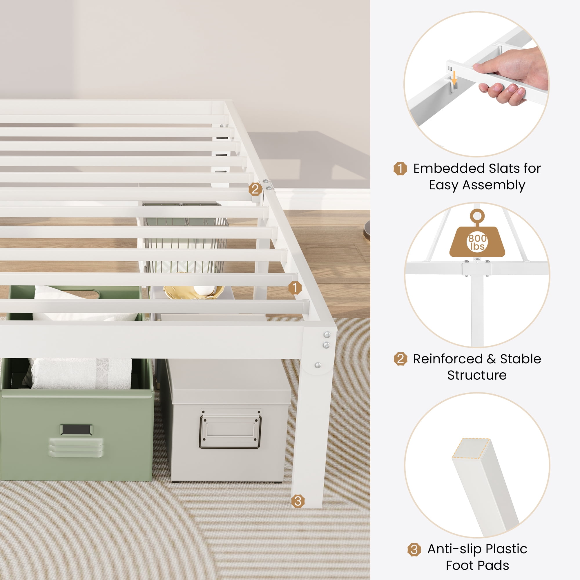 Merrland 14 Inch Twin Size Bed Frame, Heavy Duty Metal Platform with Storage, Steel Slat Support, Easy Assembly, White