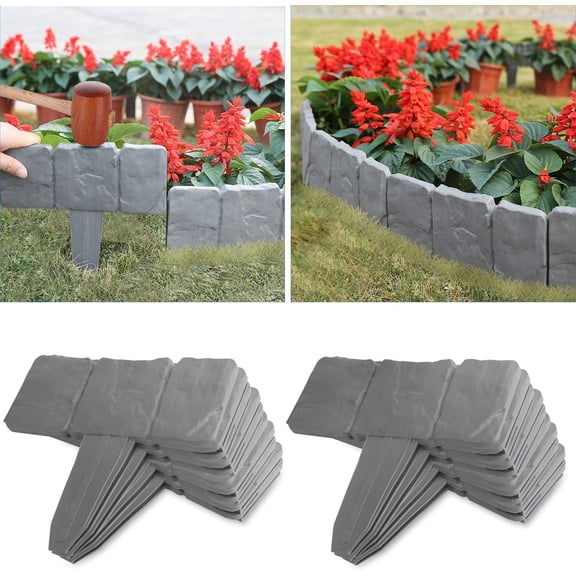 20PC Stone-Look Garden Edging Kit (16ft) - Interlocking Landscape Borders with Stakes | Dig-Free UV-Resistant Lawn & Flower Bed Barrier