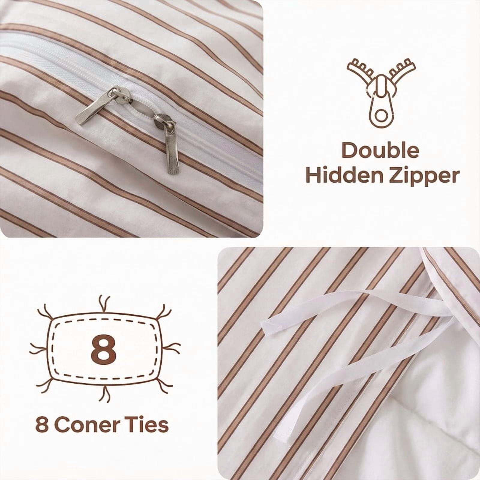 Khaki Striped Duvet Cover Set King Size,100% Cotton Bedding Set,Luxury Sateen Weave Silky Smooth Breathable Bedding Comforter Cover 3 Pcs with Zipper Closure and 8 Corner Ties