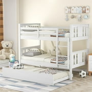 Twin Over Twin Bunk Bed with Trundle, Pine Wood Bed Frame and Ladder with Guard Rails for Toddlers, Kids, Teens, Boys and Girls, White