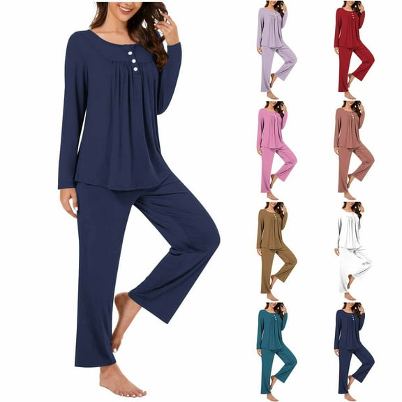 FRSASU Pajama Sets for Women 2 Piece Lounge Set Round Neck Button up Long Sleeve Tops and Long Pants Soft Comfy Sleepwear Outfits Watermelon Red