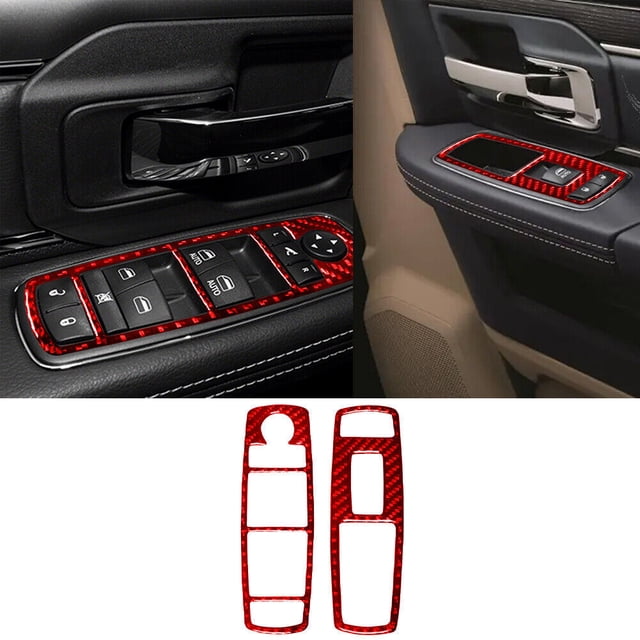 Real Bright Soft Car Interior Carbon Fiber Sticker DecorationFor RAM 1500 4-Door Red Carbon Fiber Front Door Control CoverAuto Car Protection Interior Accessories