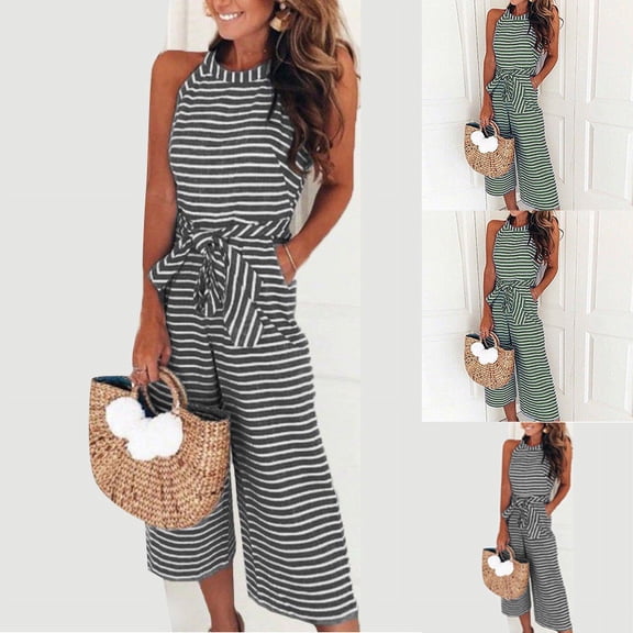AGWOLF Sleeveless Jumpsuits for Women Summer Striped Crewneck Rompers Loose Fit Wide Leg Adjustable Waist Playsuit Black L
