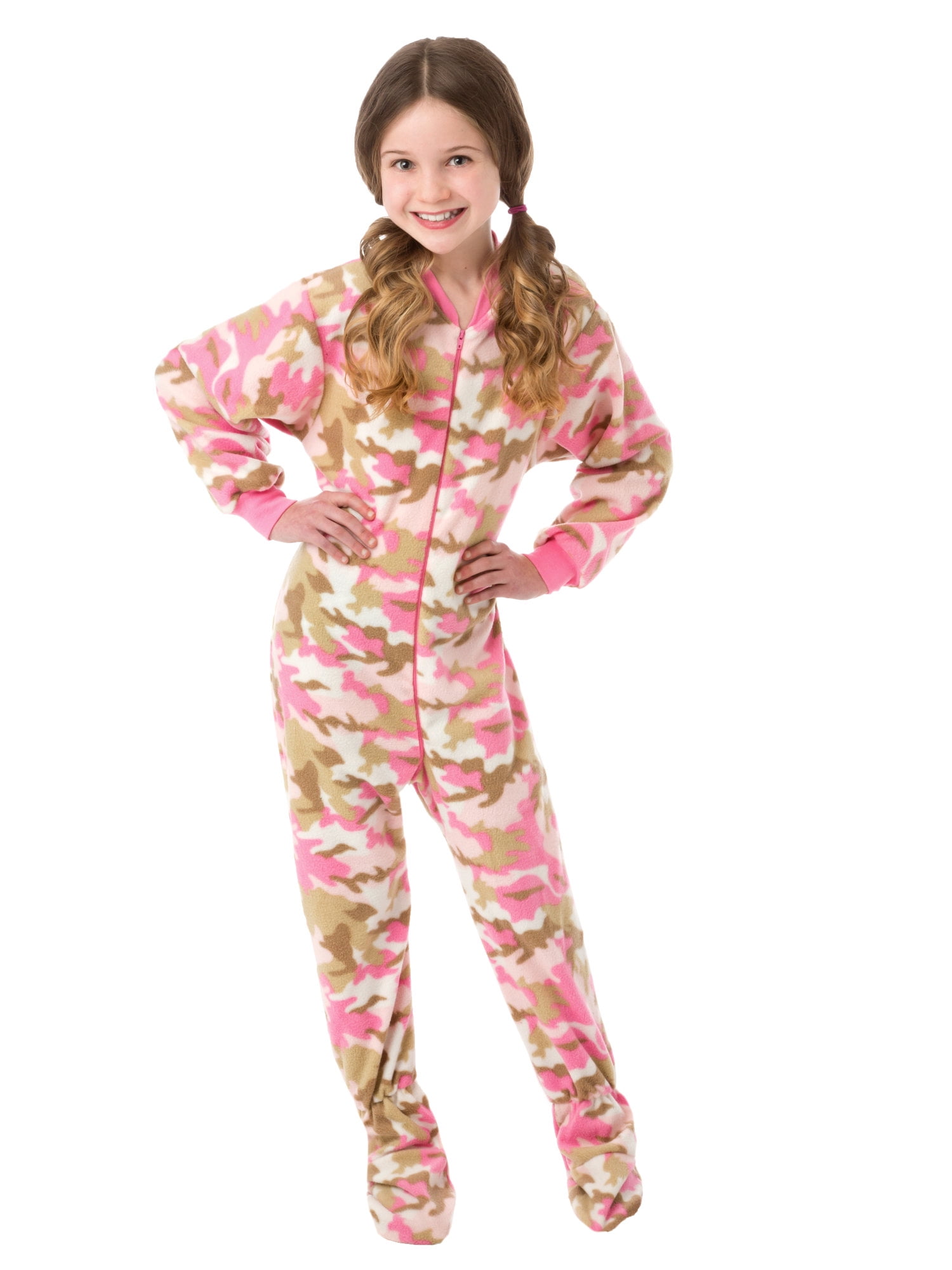 Girls Pyjama Heart Camouflage All In One Jumpsuit Camo Nightwear Fleece Hood 