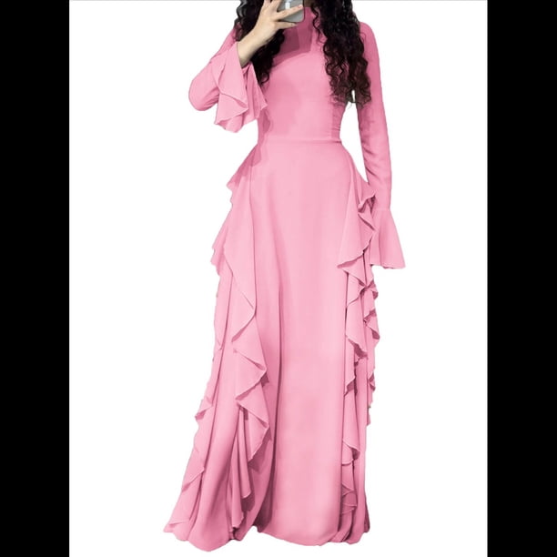 Vestidos Ajustados para Mujer, Elegantes Vestidos Largos de Cóctel con Mangas Acampanadas y Dobladillo con Volantes. Rosa XL