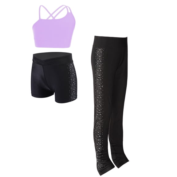 Linjinx 3Pcs Gymnastic Yoga Dance Outfit for Kids Girls Asymmetrical Spaghetti Straps Vest with Purple 10