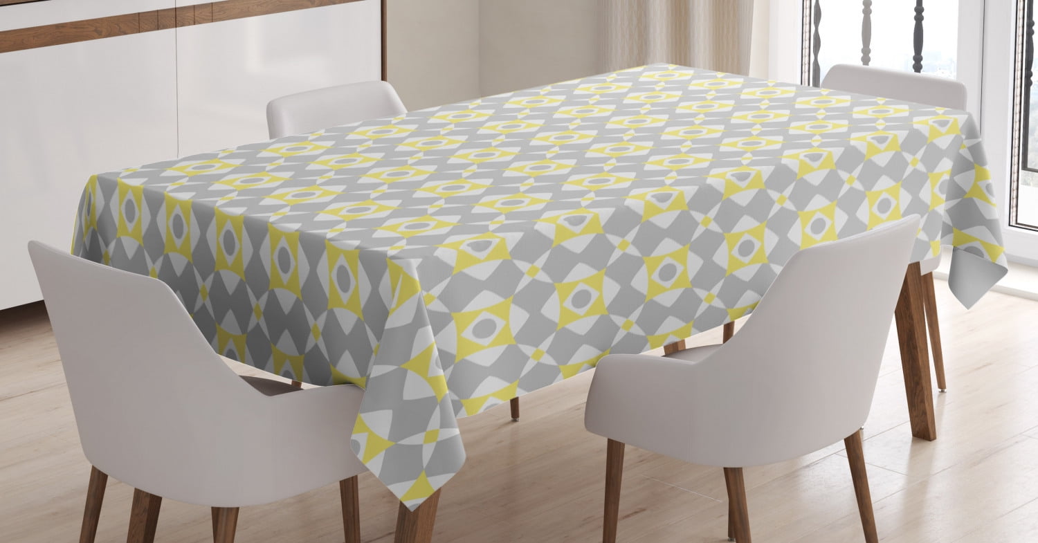 Grey and Yellow Tablecloth, Tile Inspired Squares Rounds in Triangles ...