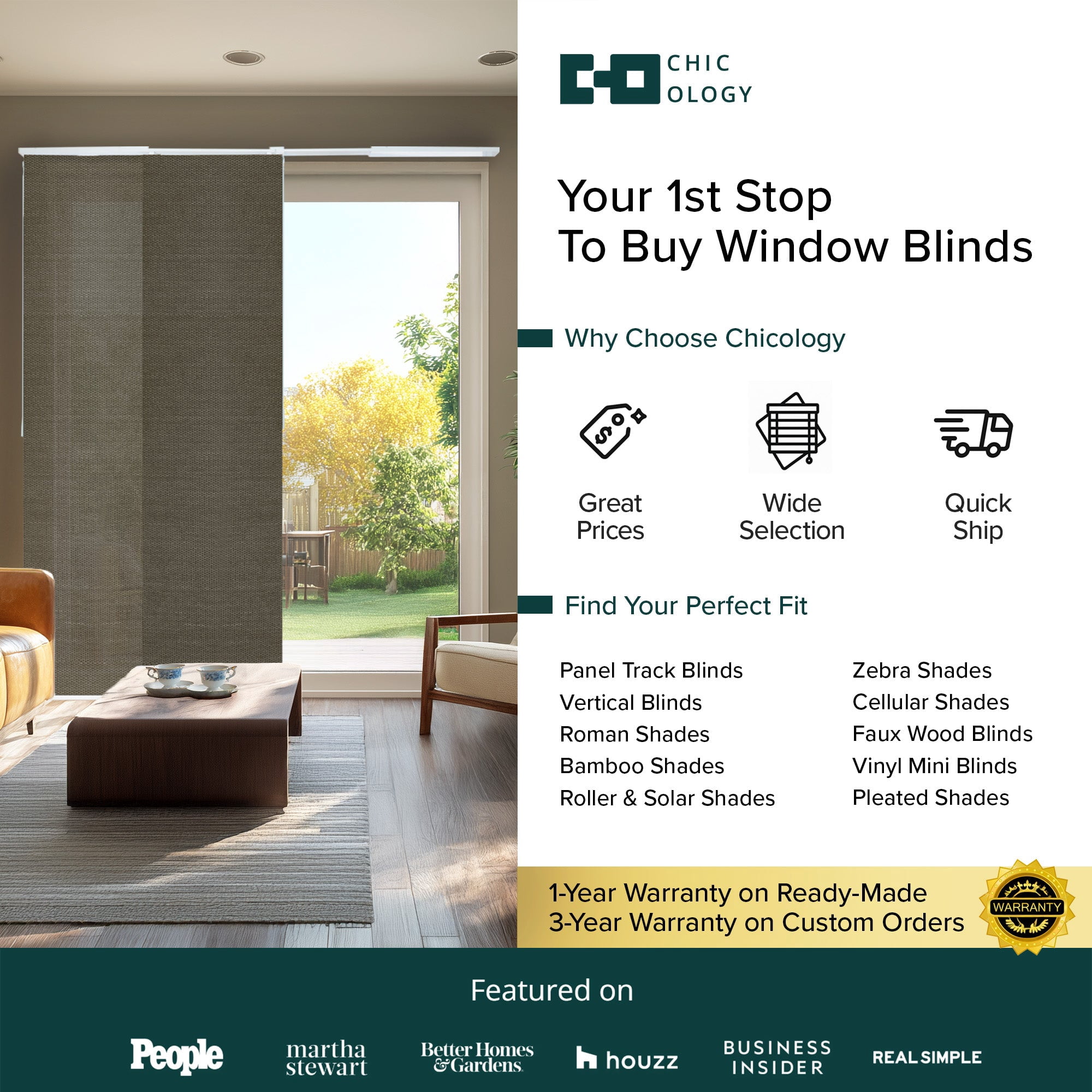 Chicology Adjustable Sliding Panel Blinds. Woven Oolong, 46"-86"W X 0"-96"H