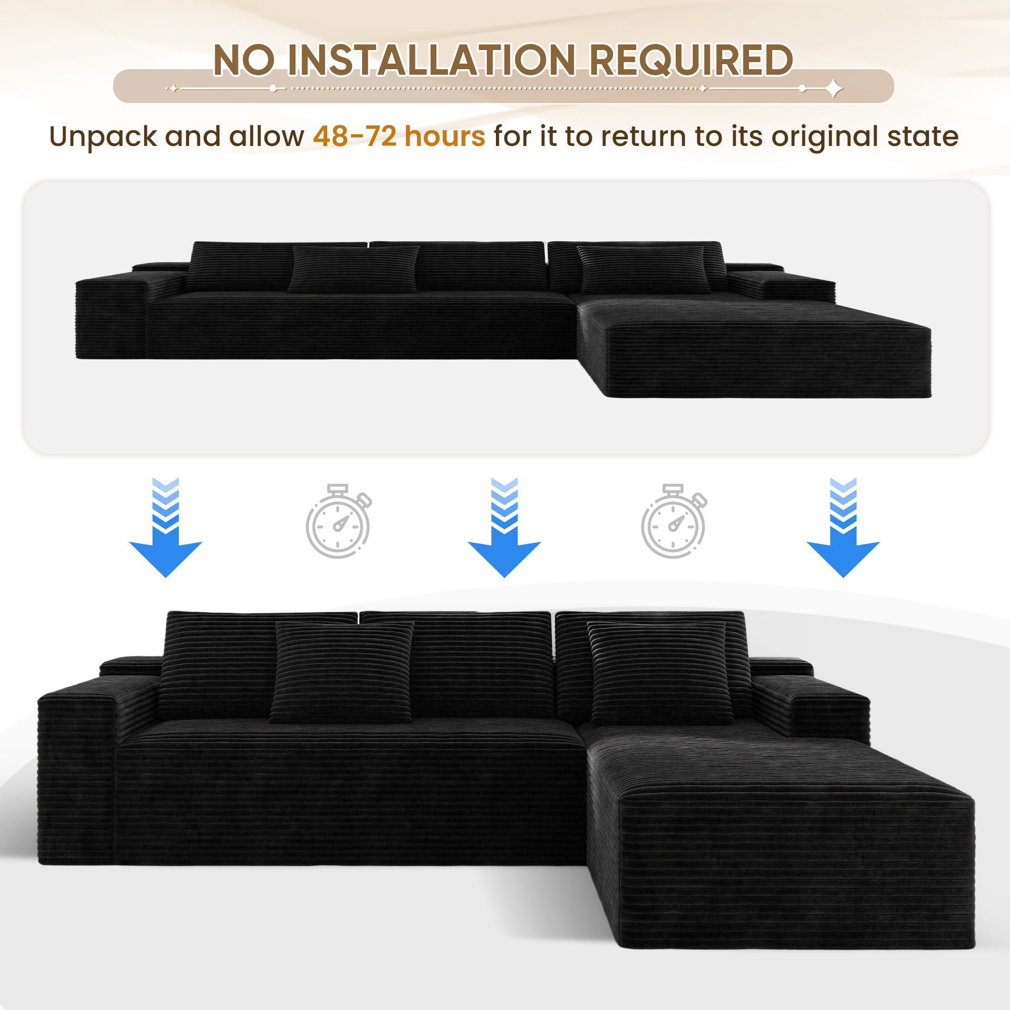 Lunale 104" Cloud Sectional Sofa with Right Chaise, Oversized Modular L-Shaped Couch, Plush Corduroy Sleeper Couch for Living Room, No Assembly Required, Black