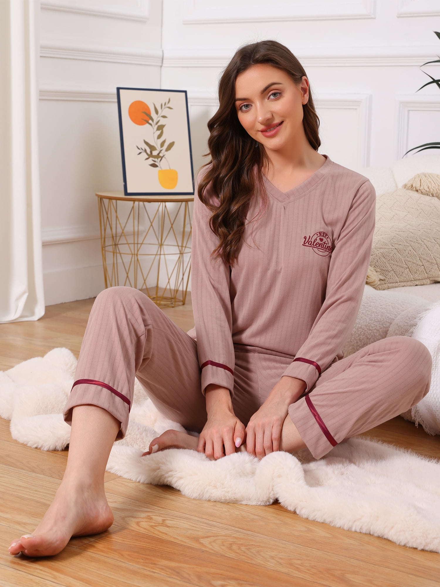 DARING DIVA Women's Cotton Ribbed Pullover V-neck Tops with Bottoms Pajama Sets S Pink