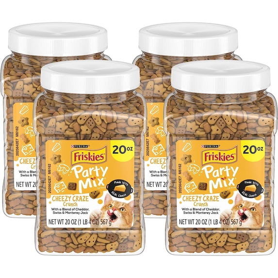 Purina Friskies Party Mix Cat Treats, Cheezy Craze Crunch, Made with Real Cheese, 20 oz Canister (Pack of 4)