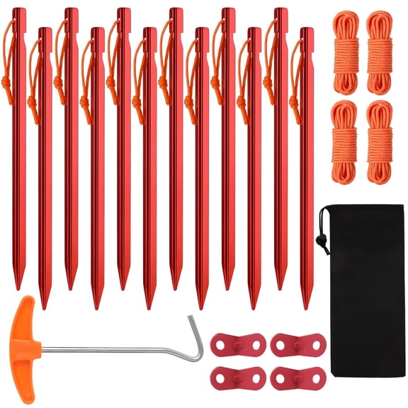 Hengguang 22Pack  Aluminum Tent Stakes Set, 12pcs 7 Inch Lightweight Tent Stakes with 4 Guylines, 4 Pvc Top, 1 Puller & 1 Storage Bag, Non-Rust Metal Ground Spikes Tent Pegs for Camping