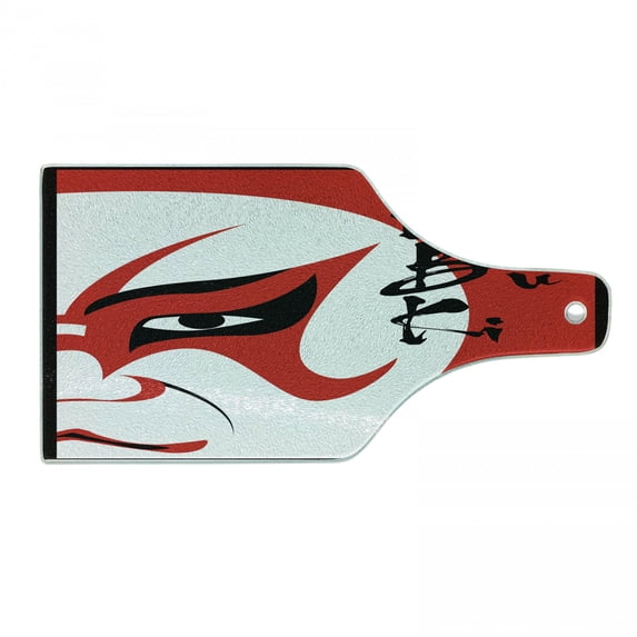 Kabuki Cutting Board, Style Drama Theater Kabuki Face with Calligraphy Print, Decorative Tempered Glass Cutting and Serving Board, Wine Bottle Shape, Vermilion Black, by Ambesonne