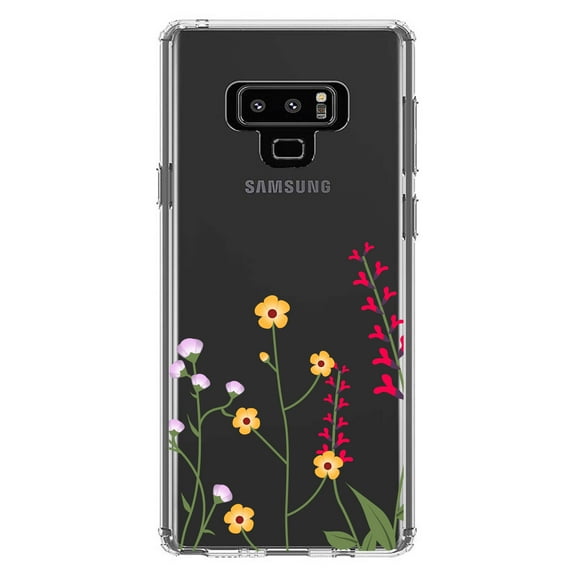 DistinctInk Clear Shockproof Hybrid Case for Samsung Galaxy Note 9 - TPU Bumper Acrylic Back Tempered Glass Screen Protector - Wildflowers Yellow Pink Purple