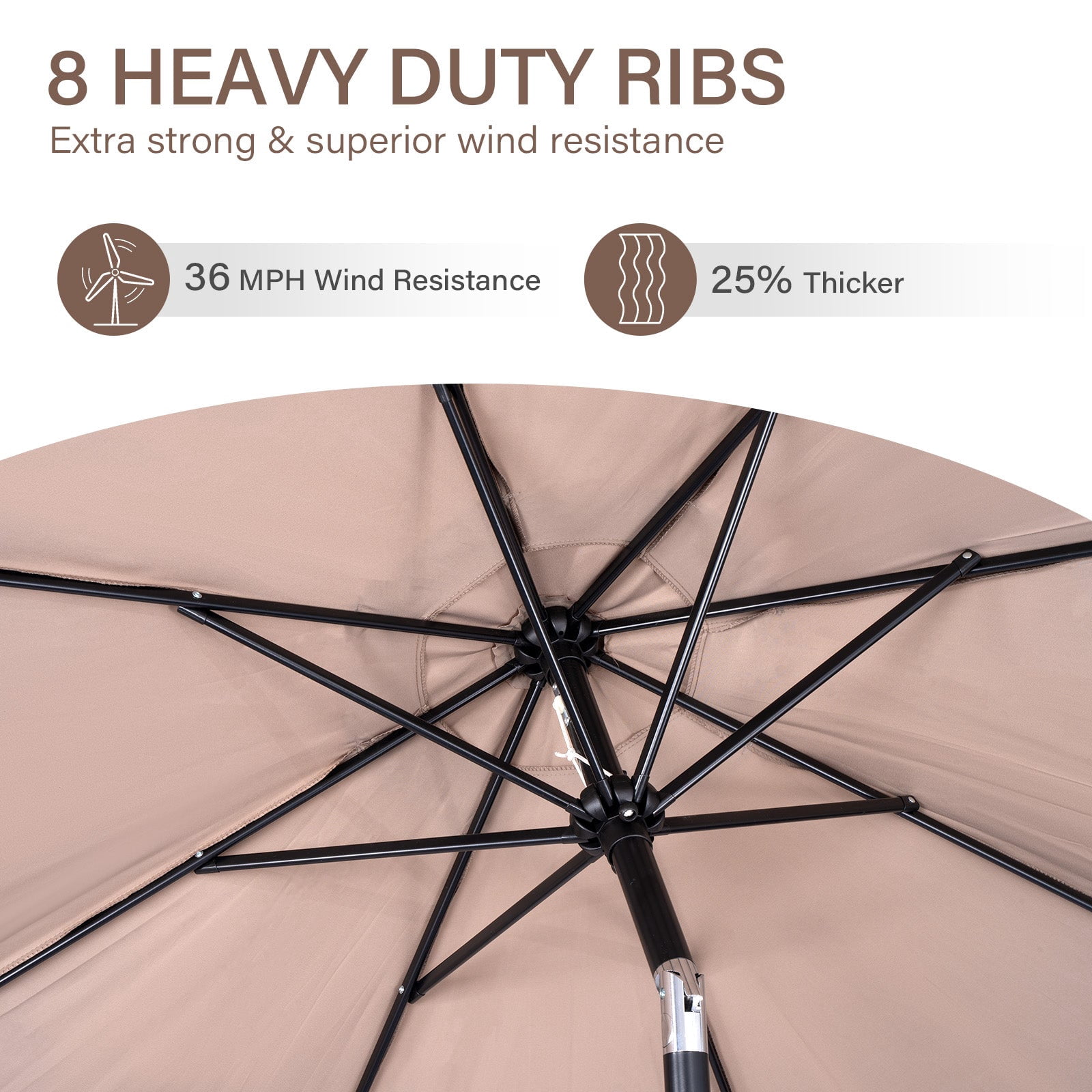Backyard Expressions 9 ft Market Patio Umbrella, UV-Resistant Canopy with 8-Rib Support Frame and Push Button Tilt and Crank Lift, Beige