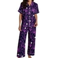 thumbnail image 3 of Halloween Pajamas Women Full Theme Printed Silk Satin 2 Pc Short Sleeve Button Down Lapel Pocket Shirts Loose Straight Casual Pants Comfy Nightwear Fall Winter Loungewear Sets Woman Purple M, 3 of 7