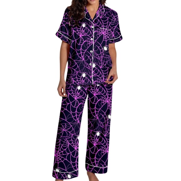 OSOLU Women's Pajama Sets Halloween Cute Print Short Sleeve Soft Button Down Loungewear Shorts Festive Sleepwear Purple