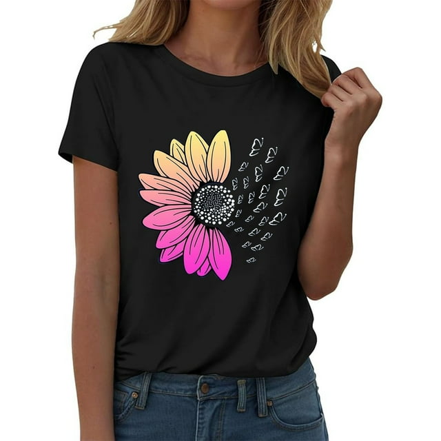 WEIYLL T-Shirts Femmes Imprimé Floral Manches Courtes Polyvalent Noir Tailles TTG