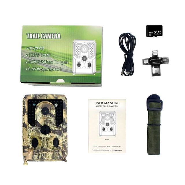Infrared Game Camera Camera Waterproof 1080P Trail Camera Outdoor Motion Detection Cam Camouflage 32G Memory Card, Card Reader ,Lightweight Compact