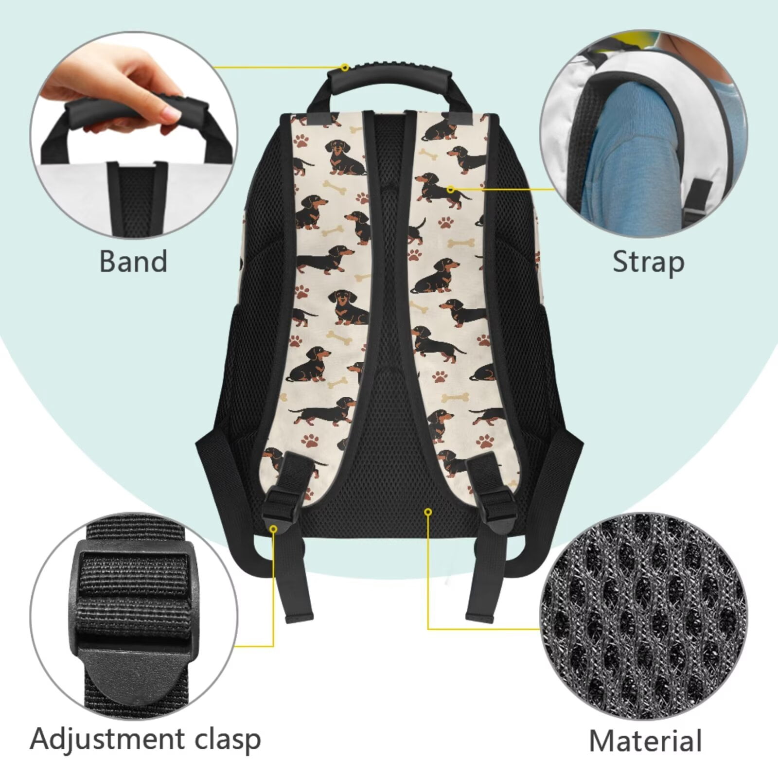Pzuqiu Cute Dachshund 4 Piece School Backpack Set with Lunch Box Pencil Case Kawaii Backpacks for School Girls with Adjustable Shoulder Strap Large Capacity Student Bag for Teens