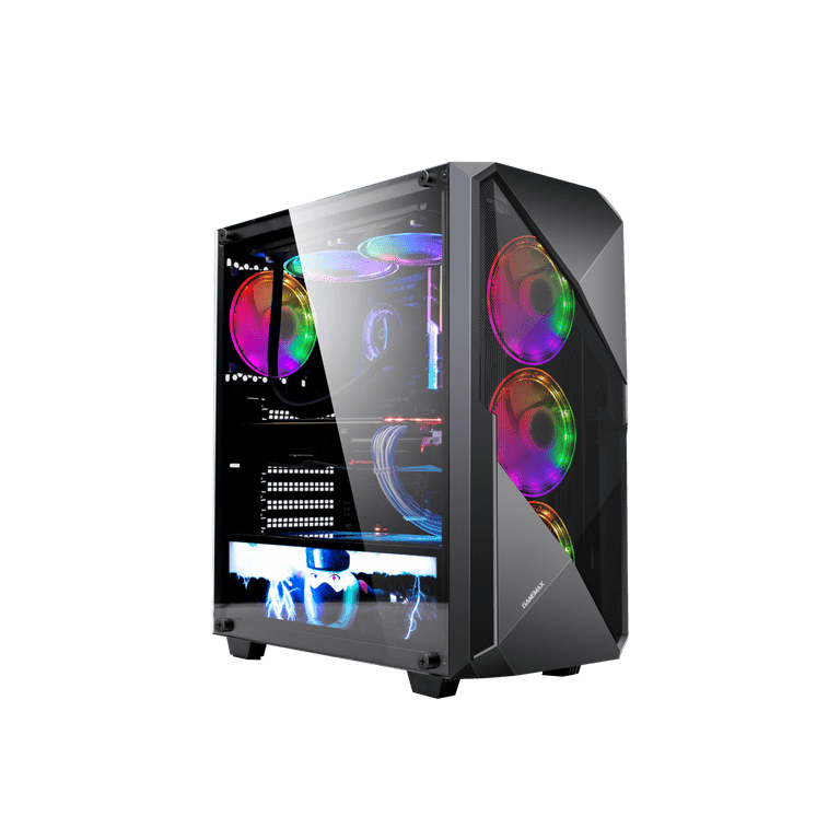 Gamemax Revolt Black USB3.0 Tempered Glass ATX Mid Tower Gaming Computer  Case w/Tempered Glass Panel and 4 x ARGB Dual Ring LED Fan (Pre-Installed)  