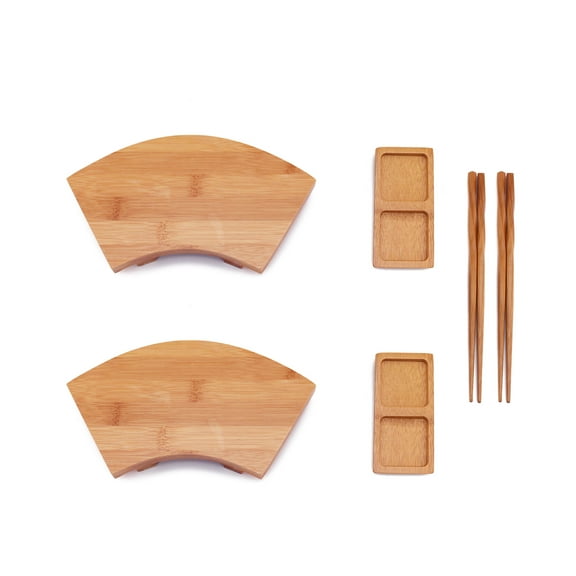 BambooMN Bamboo Sushi Board Tray, Chopsticks and Compartment Sauce Dish, 9" Fan - 2 Sets