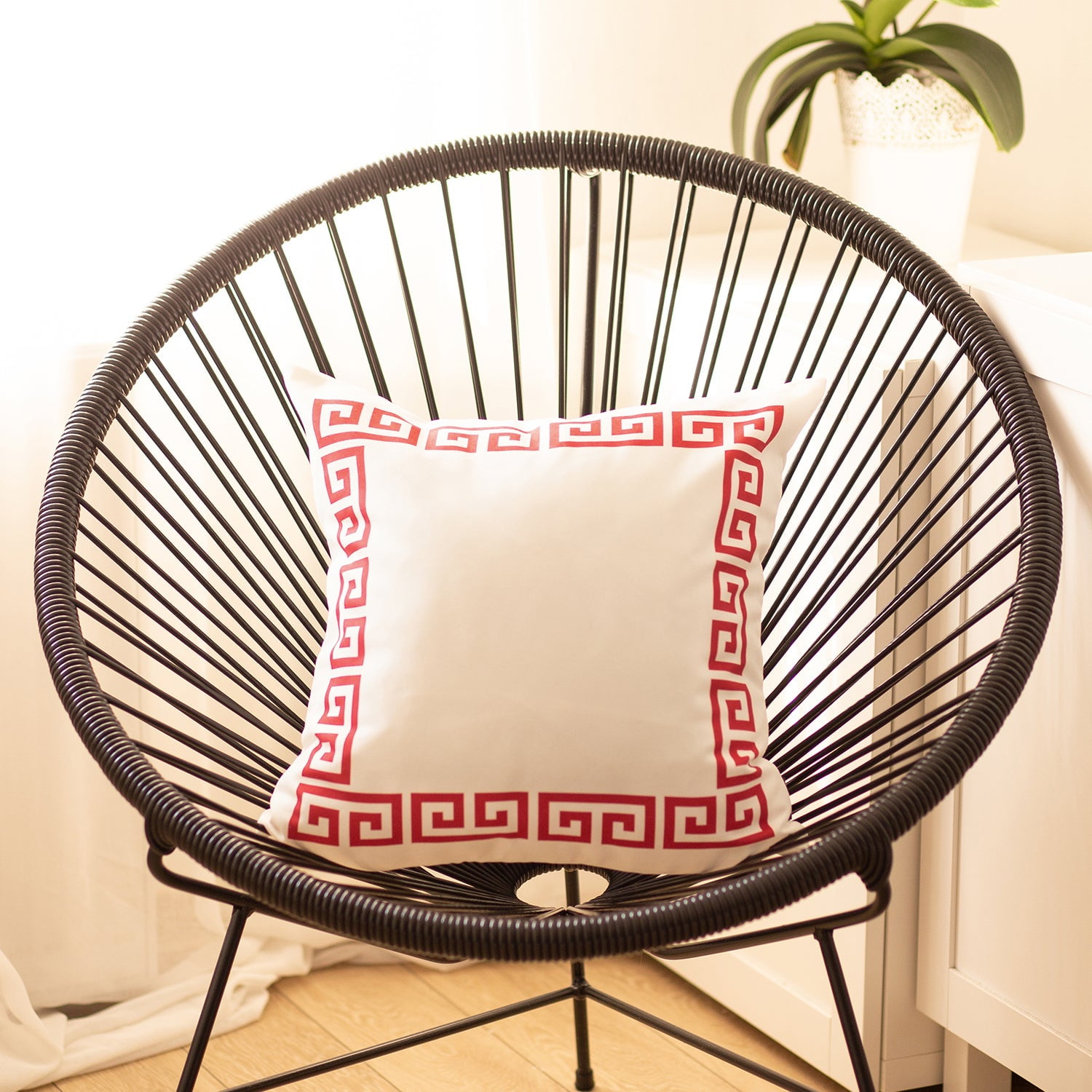 Red and White Geometric Greek Key Polyester Throw Pillow Cover