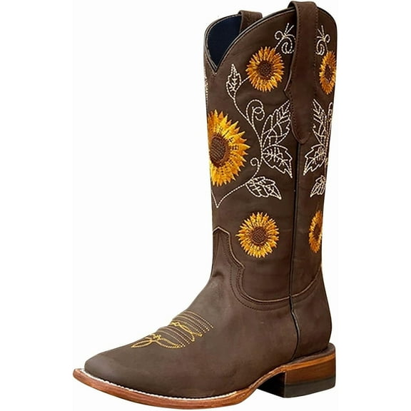 Women's Embroidered Sunflower Mid Calf Boots - Low Heel Western Style Booties | Easy-On wear Design for Casual Retro Fashion