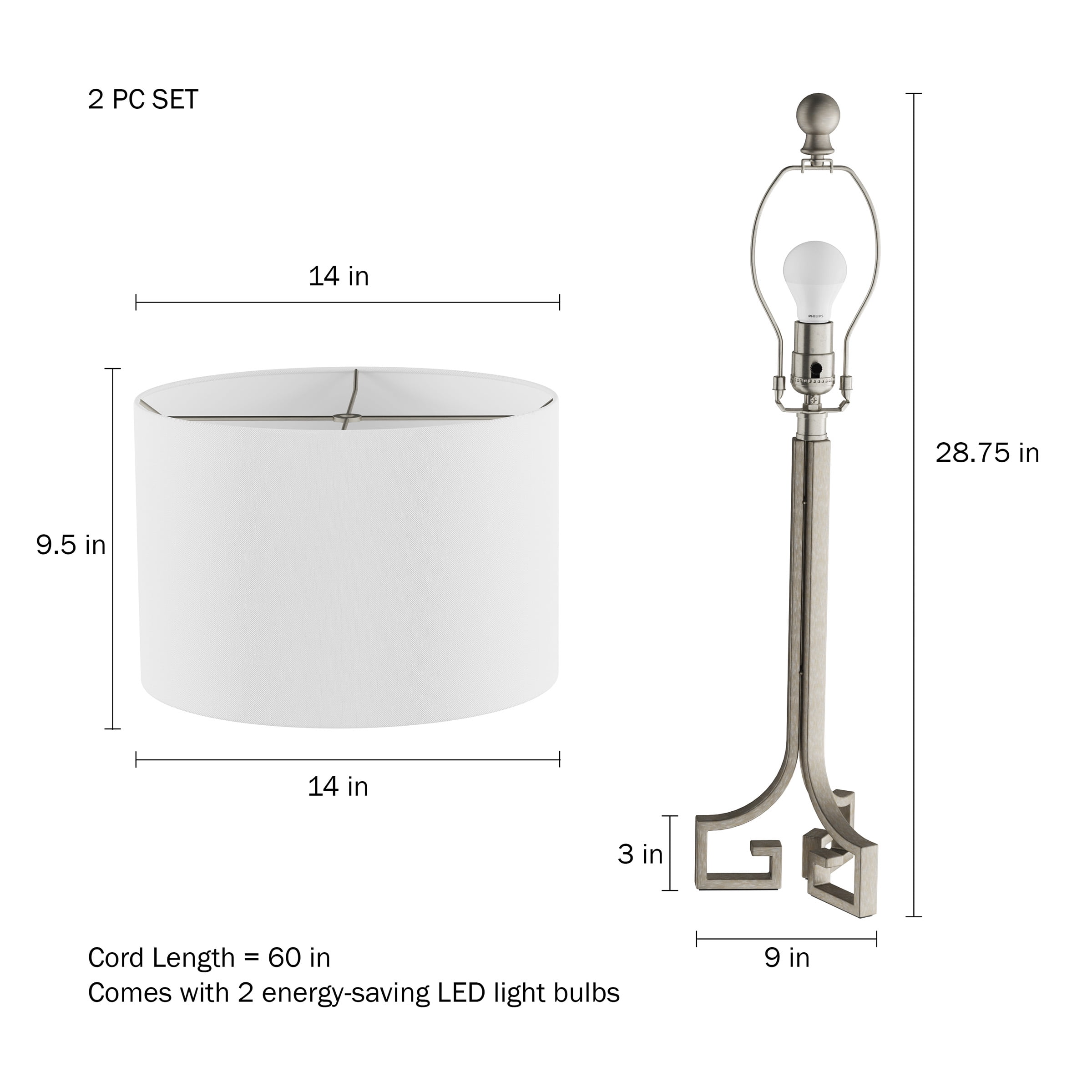 Lavish Home Greek Key Table Lamps - Set of 2 Modern Lights - Antique Silver with Ivory Shades