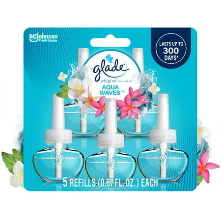 Glade PlugIns Scented Oil 5 Refills, Air Freshener, Aqua Waves, Essential Oil Infused Wall Plug In, 3.35 FL oz, Pack of 5