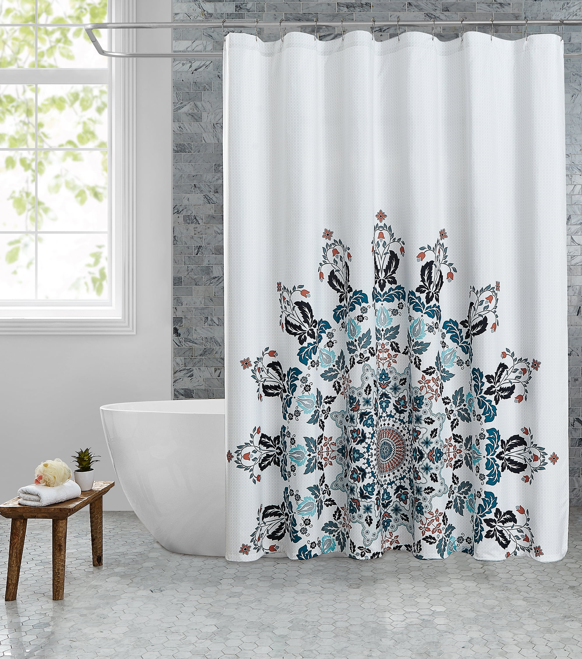 Mainstays White and Teal Medallion Printed 100 Polyester Shower