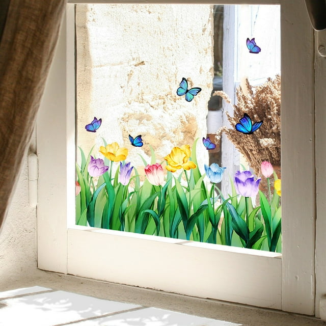 Ventana de primavera se aferra pegatinas de ventana de flores decoraciones para ventanas de vidrio, calcomanías de ventana de flores de mariposa de tulipán de Pascua