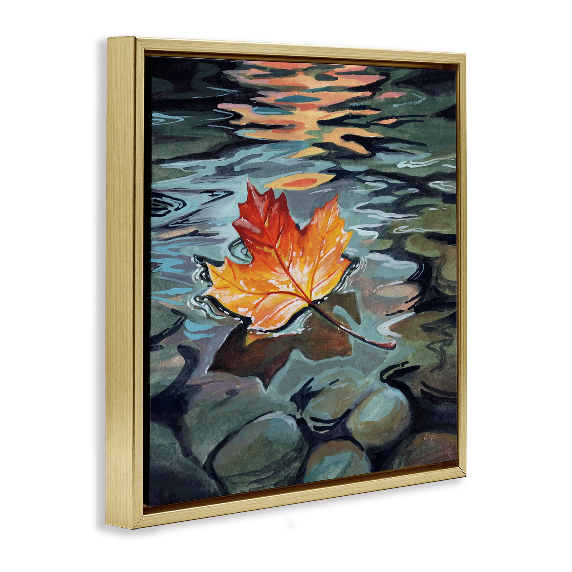 Stupell Industries Maple Leaf Floating in Stream Gold Framed Floater Canvas Wall Art, design by Kate Jarvik Birch