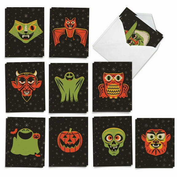 20 Halloween Cards Assorted (10 Designs, 2 Each) - Halloween Masks (4" x 5.12") AM7034HWG-B2x10