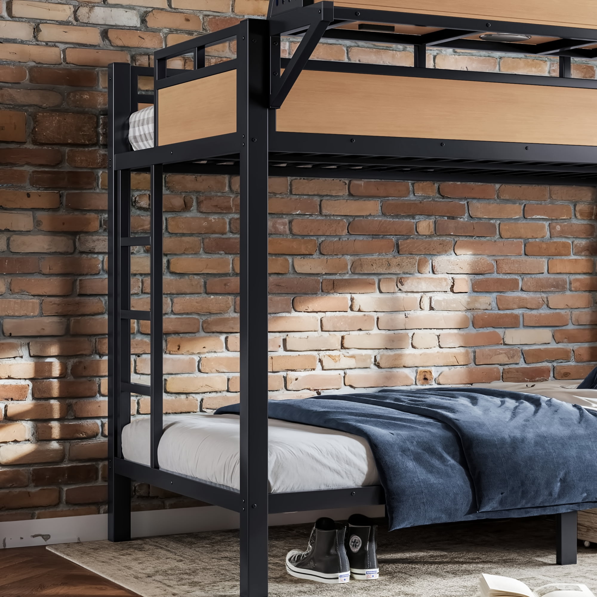 Leumius Metal Bunk Bed with Storage Shelves and Pegboard,Twin XL over Twin XL Size Bunk Bed Frame with USB Ports and LED Lights, Space-Saving,Natural