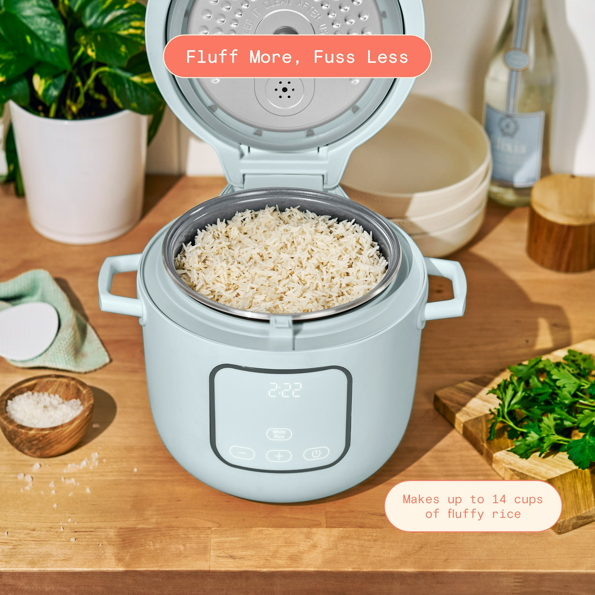 Beautiful 14-Cup Cooked, 6-Cups Uncooked Electric Rice and Grain Cooker, EverGood™ Ceramic Nonstick Coating, Hydrangea by Drew Barrymore