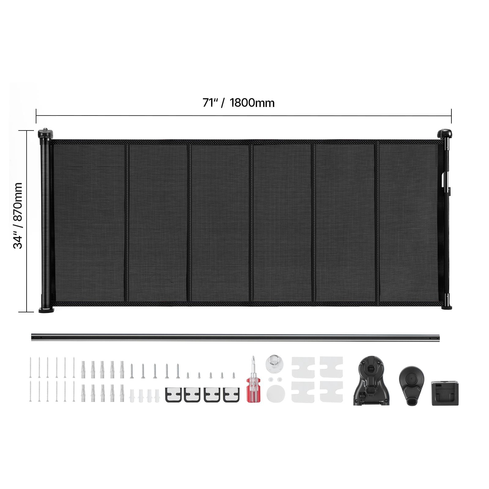 Retractable Baby Gate 31" Tall x 71" Wide, Black Mesh, Anti-Crawl Bottom Strip, One-Hand Operation, for Indoor Stairs Doorways